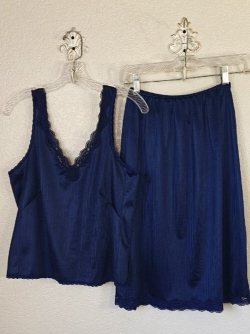 Vintage jcpenney Size M/34 Navy V-neck Cami & Half Slip Set Lace Trim